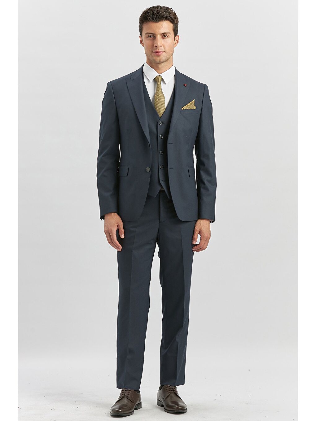 Koyu Lacivert Kırlangıç Yaka Astarlı Yelekli 6 Drop Slim Fit Klasik Takım Elbise 1001240179-3