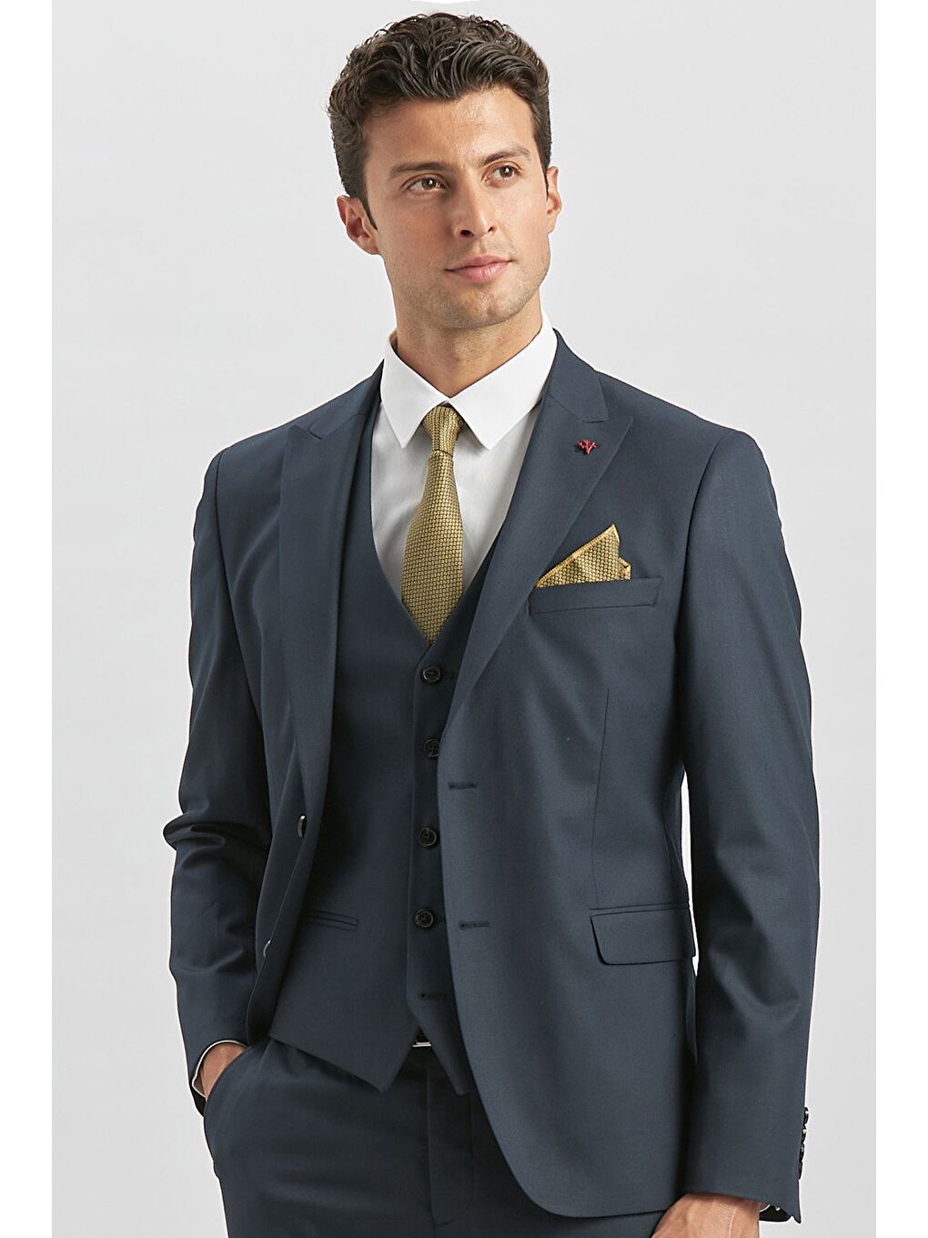 Koyu Lacivert Kırlangıç Yaka Astarlı Yelekli 6 Drop Slim Fit Klasik Takım Elbise 1001240179-4