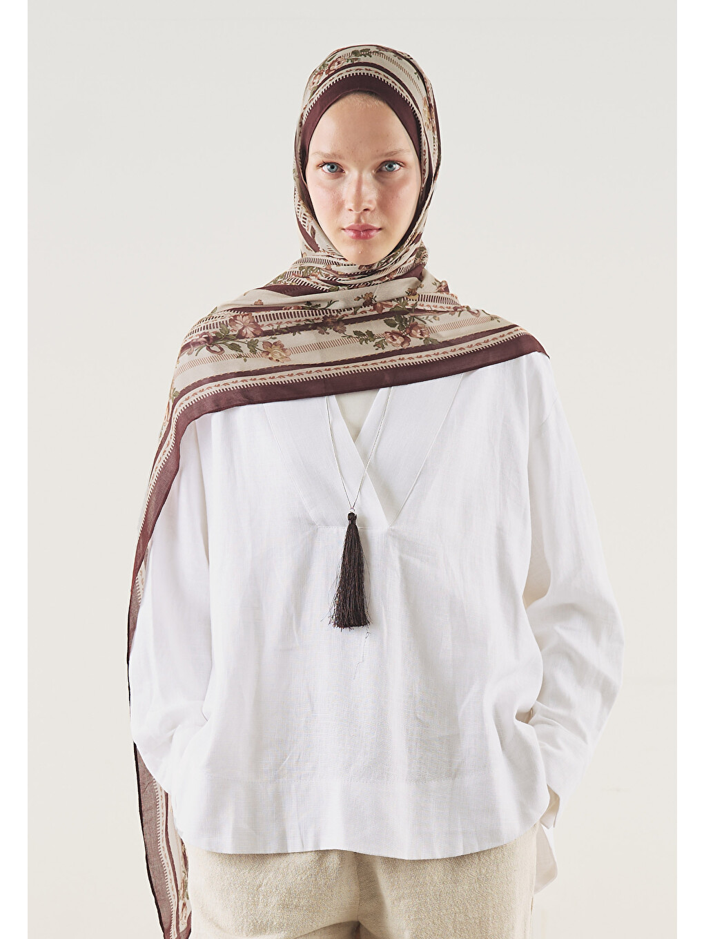Floral Touch Desen Soft Viskon Şal Bordo-5