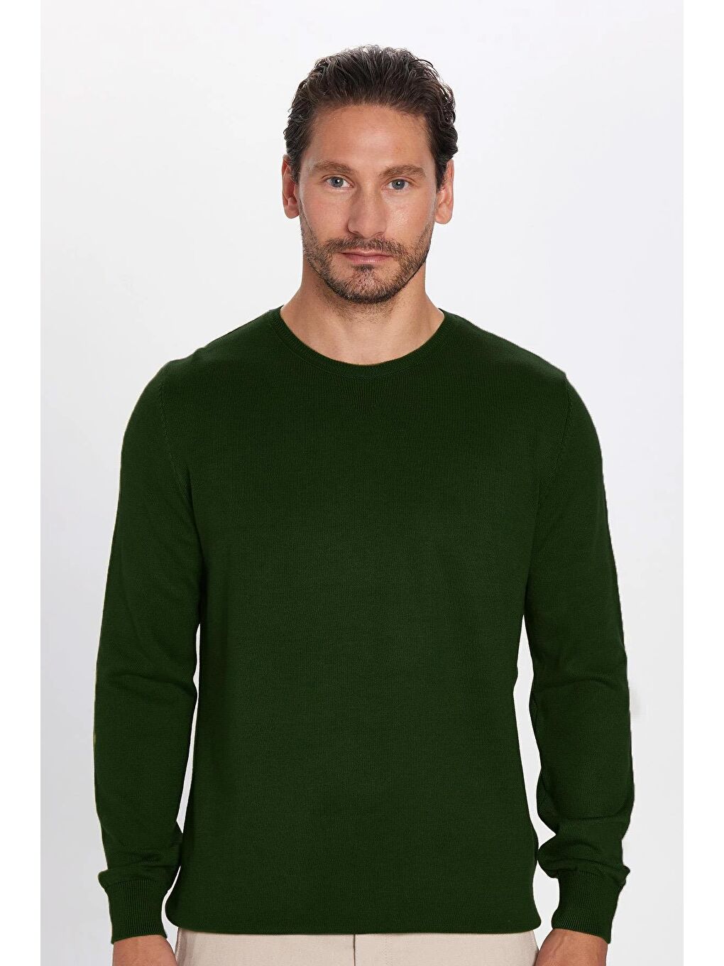 Erkek Standart Fit Normal Kesim Bisiklet Yaka Yeşil Triko Kazak-2