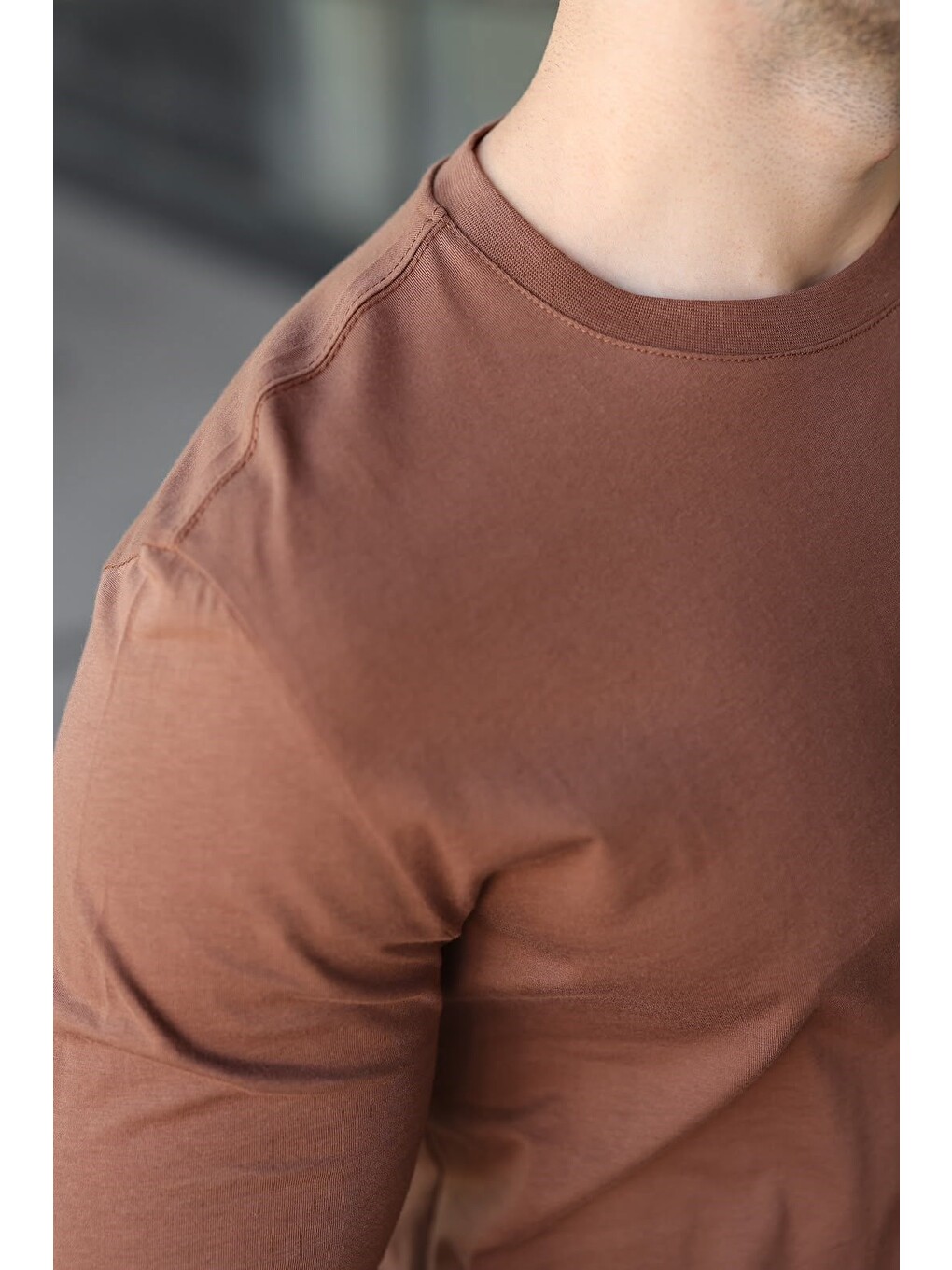 Kahverengi %100 Pamuklu Slim Fit Erkek Tişört E7187-2