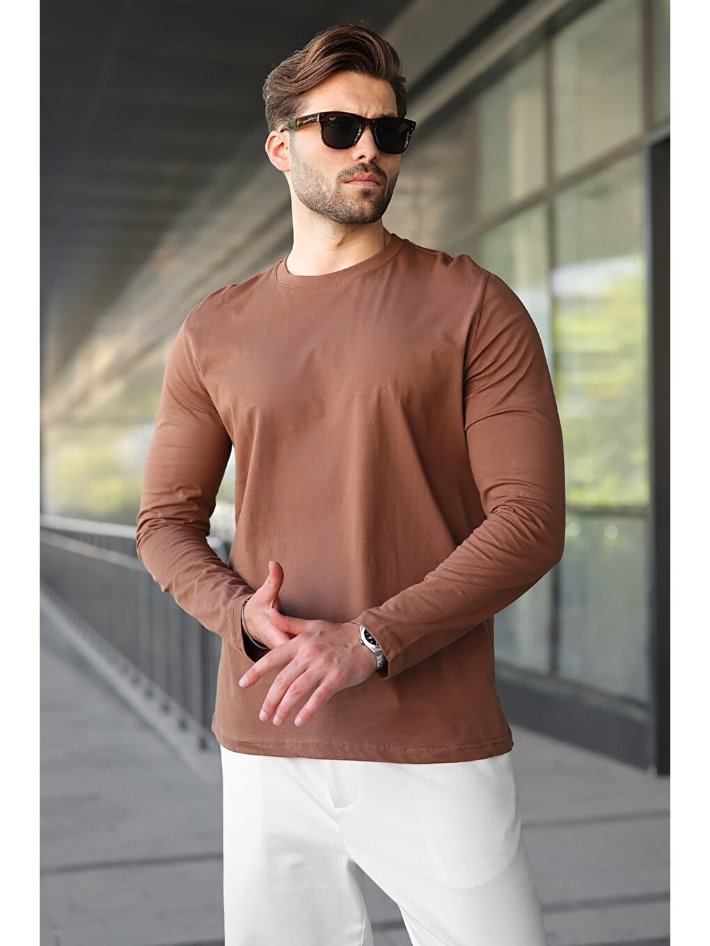 Kahverengi %100 Pamuklu Slim Fit Erkek Tişört E7187-3