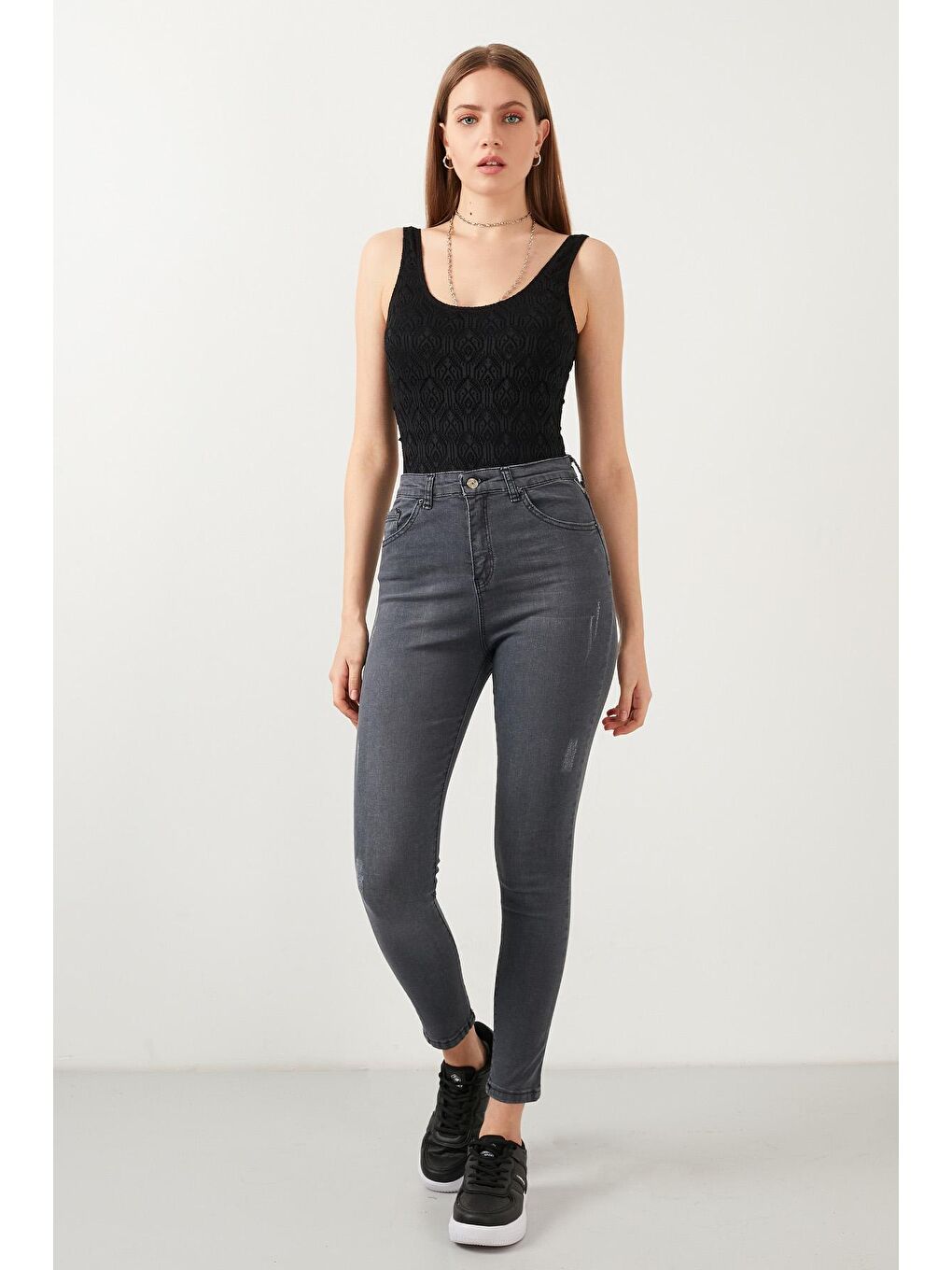 Gri Yüksek Bel Skinny Dar Paça Pamuklu Jeans 58713259