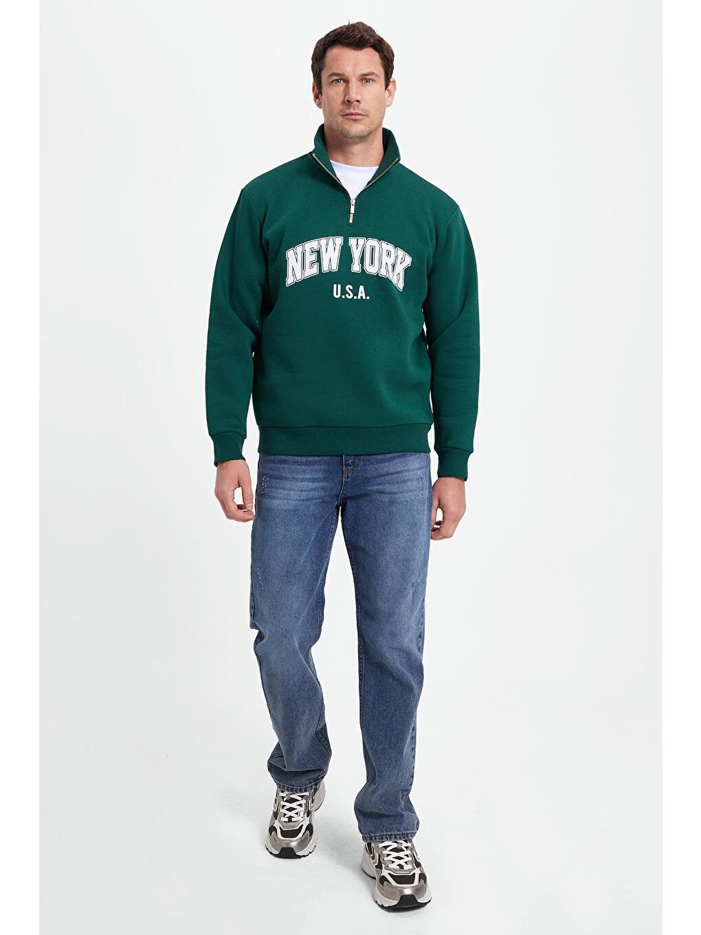 Erkek Relax Fit Rahat Kesim Pamuklu Yarım Fermuarlı Baskılı Haki Sweatshirt-2