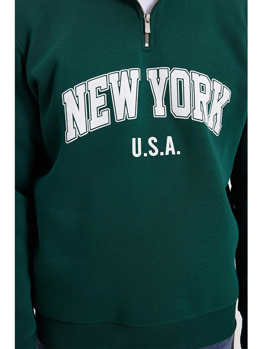 Erkek Relax Fit Rahat Kesim Pamuklu Yarım Fermuarlı Baskılı Haki Sweatshirt-3