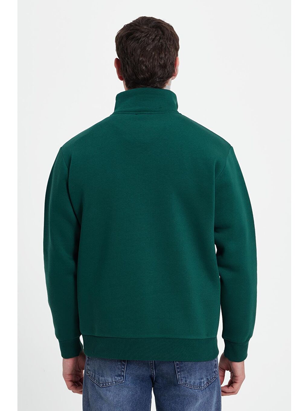 Erkek Relax Fit Rahat Kesim Pamuklu Yarım Fermuarlı Baskılı Haki Sweatshirt-5