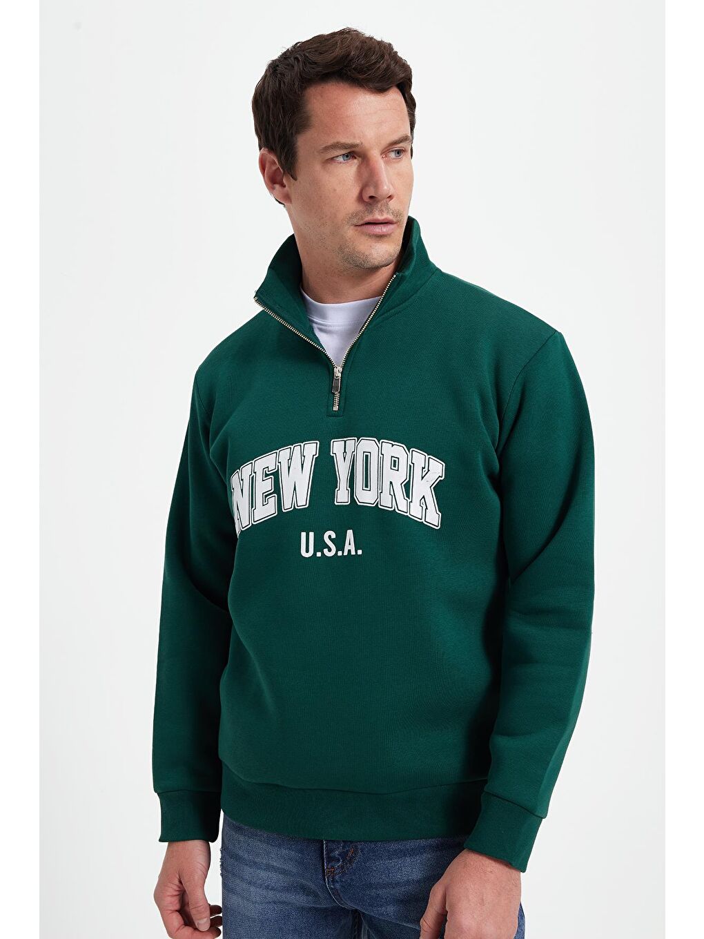 Erkek Relax Fit Rahat Kesim Pamuklu Yarım Fermuarlı Baskılı Haki Sweatshirt-6