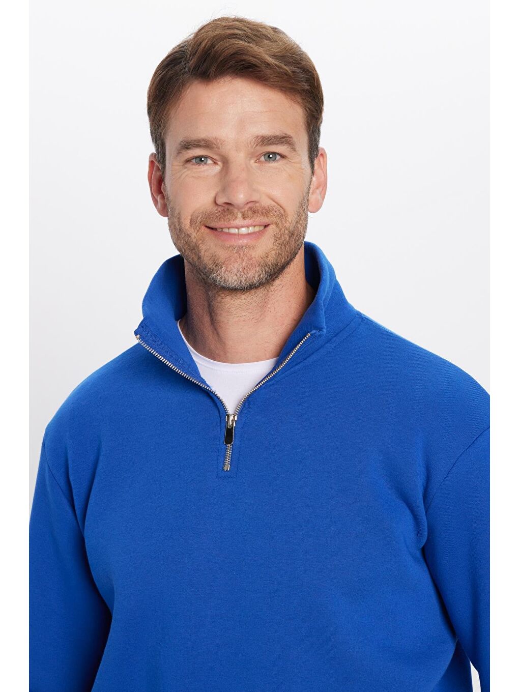 Karışık Unisex 3'Lü Paket Taş-Mavi-Saks Mavi Relax Fit Pamuklu Yarım Fermuarlı Dik Yaka Sweatshirt-1