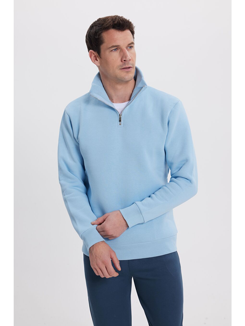 Karışık Unisex 3'Lü Paket Taş-Mavi-Saks Mavi Relax Fit Pamuklu Yarım Fermuarlı Dik Yaka Sweatshirt-2