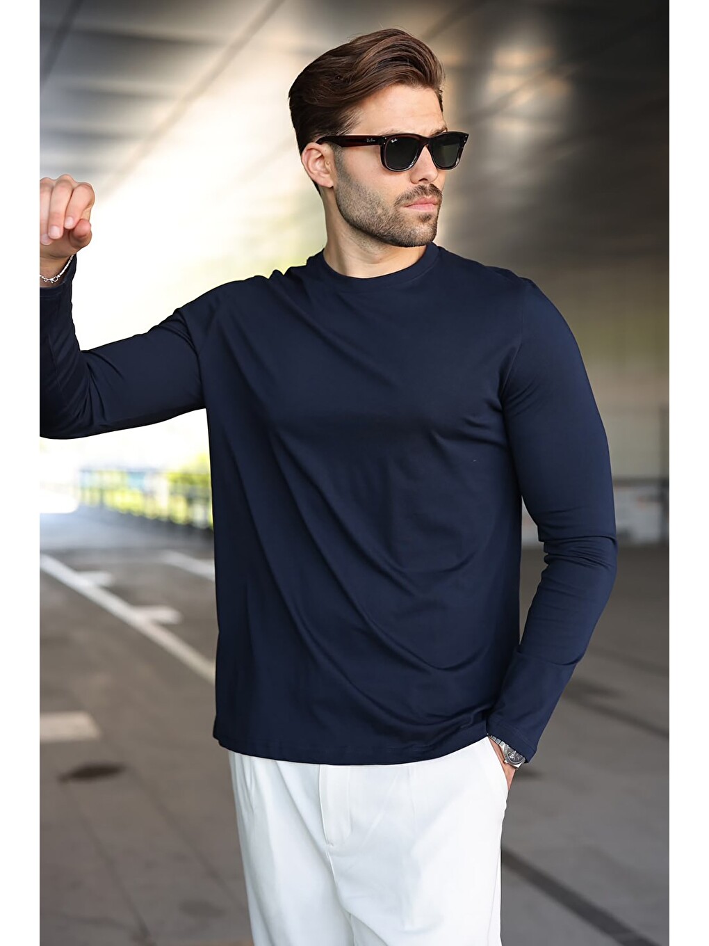 Lacivert %100 Pamuklu Slim Fit Erkek Tişört E7187-3