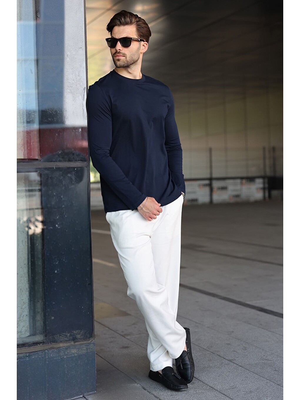 Lacivert %100 Pamuklu Slim Fit Erkek Tişört E7187-4