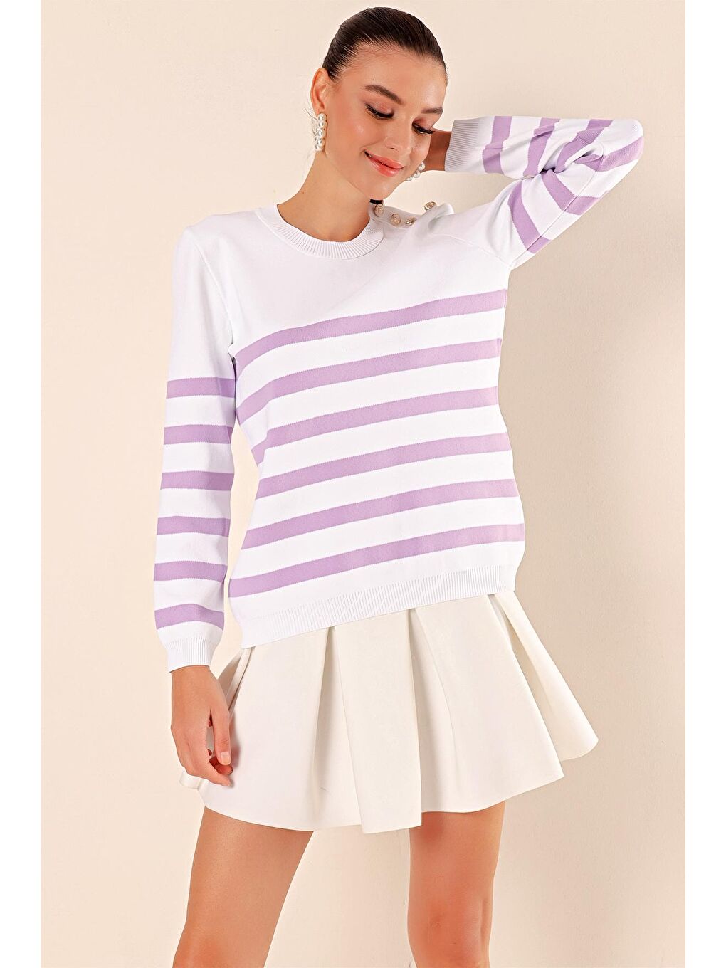 Mor 15820 Düğme Detay Çizgili Kazak - C. Lila