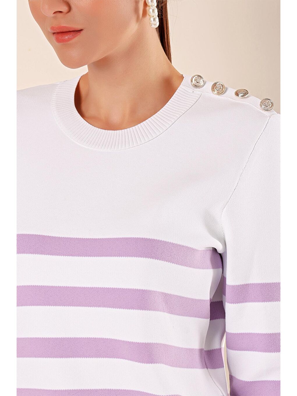 Mor 15820 Düğme Detay Çizgili Kazak - C. Lila-1