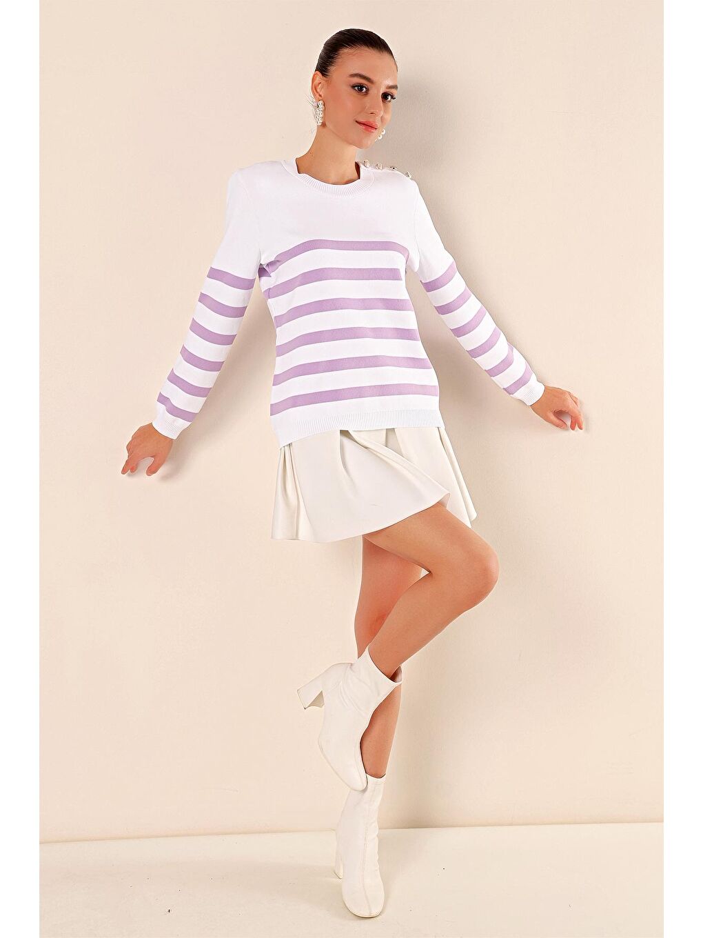 Mor 15820 Düğme Detay Çizgili Kazak - C. Lila-2