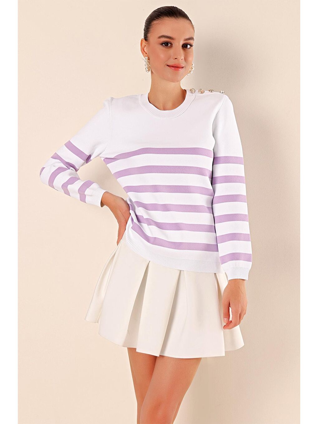 Mor 15820 Düğme Detay Çizgili Kazak - C. Lila-4