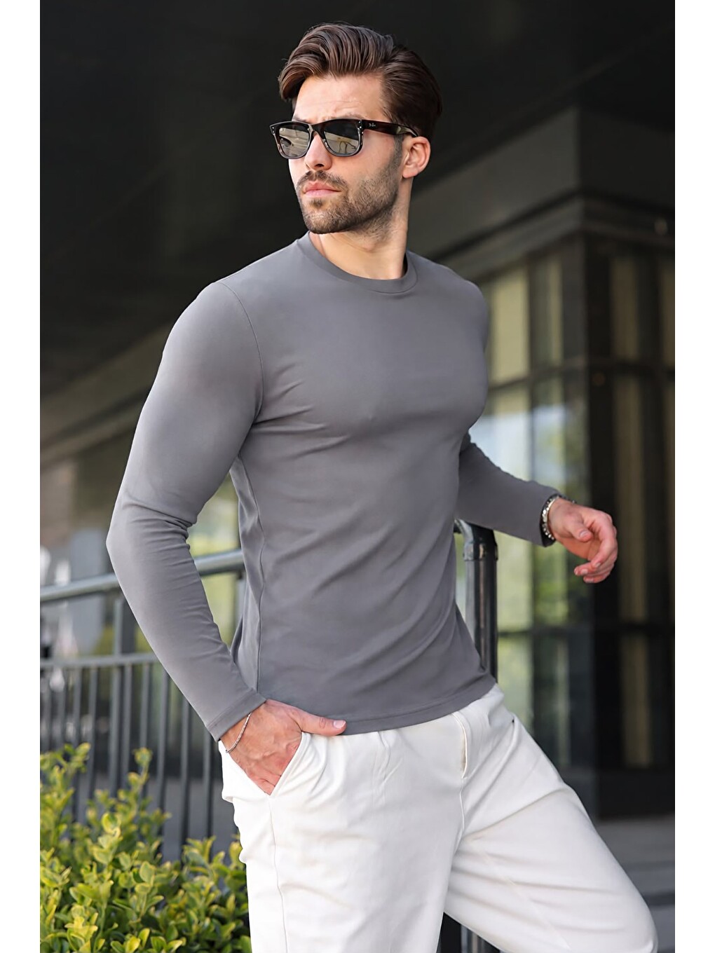 Gri Füme %100 Pamuklu Slim Fit Erkek Tişört E7187