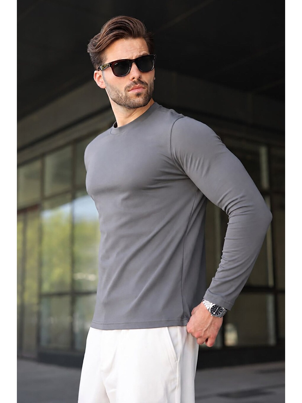 Gri Füme %100 Pamuklu Slim Fit Erkek Tişört E7187-1