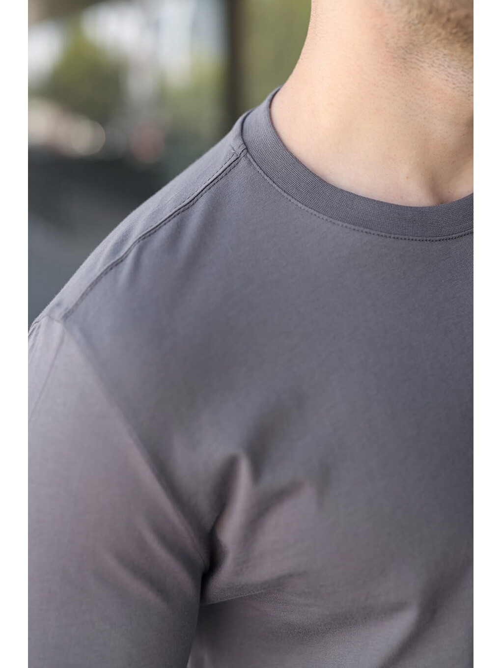 Gri Füme %100 Pamuklu Slim Fit Erkek Tişört E7187-2