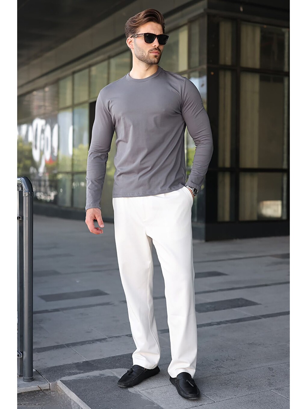 Gri Füme %100 Pamuklu Slim Fit Erkek Tişört E7187-4