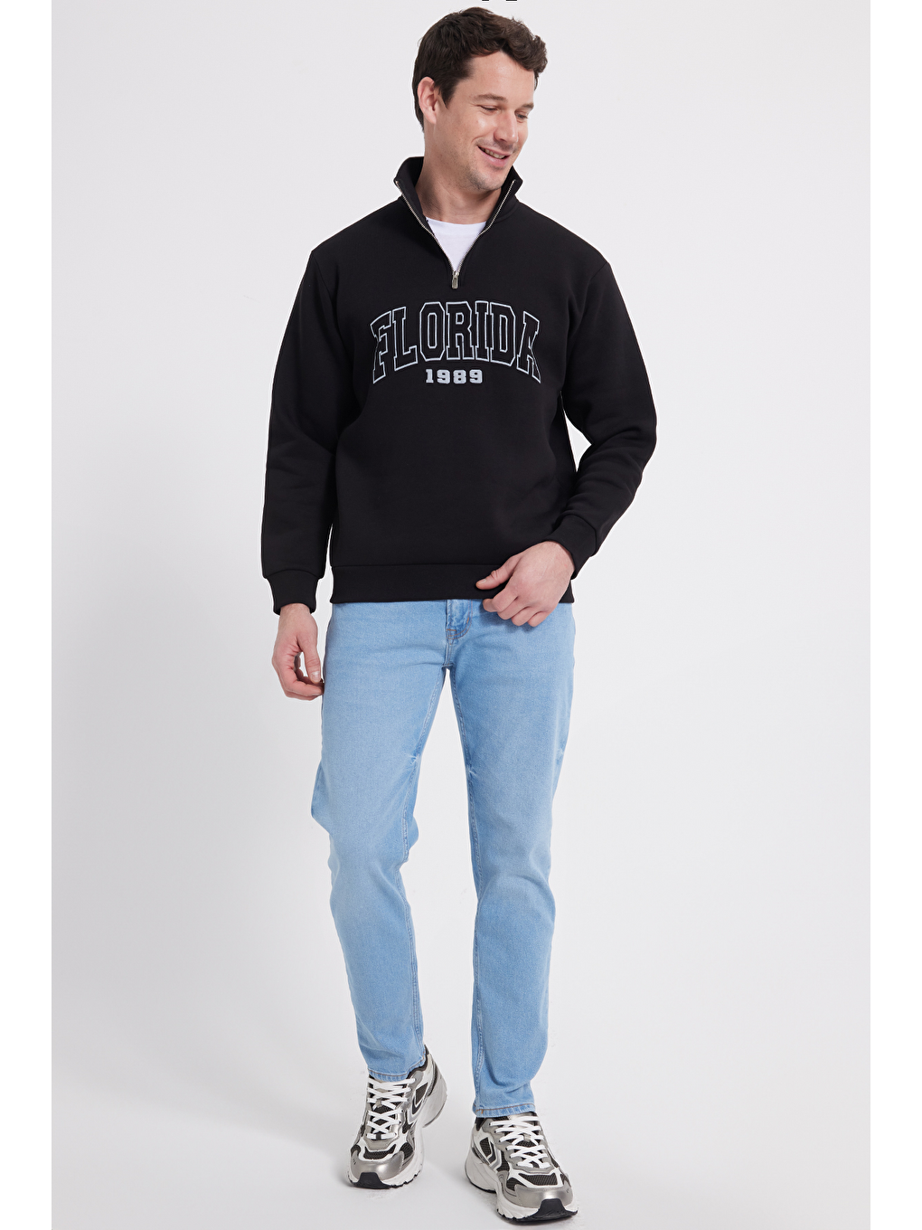 Erkek Relax Fit Rahat Kesim Pamuklu Yarım Fermuarlı Baskılı Siyah Sweatshirt