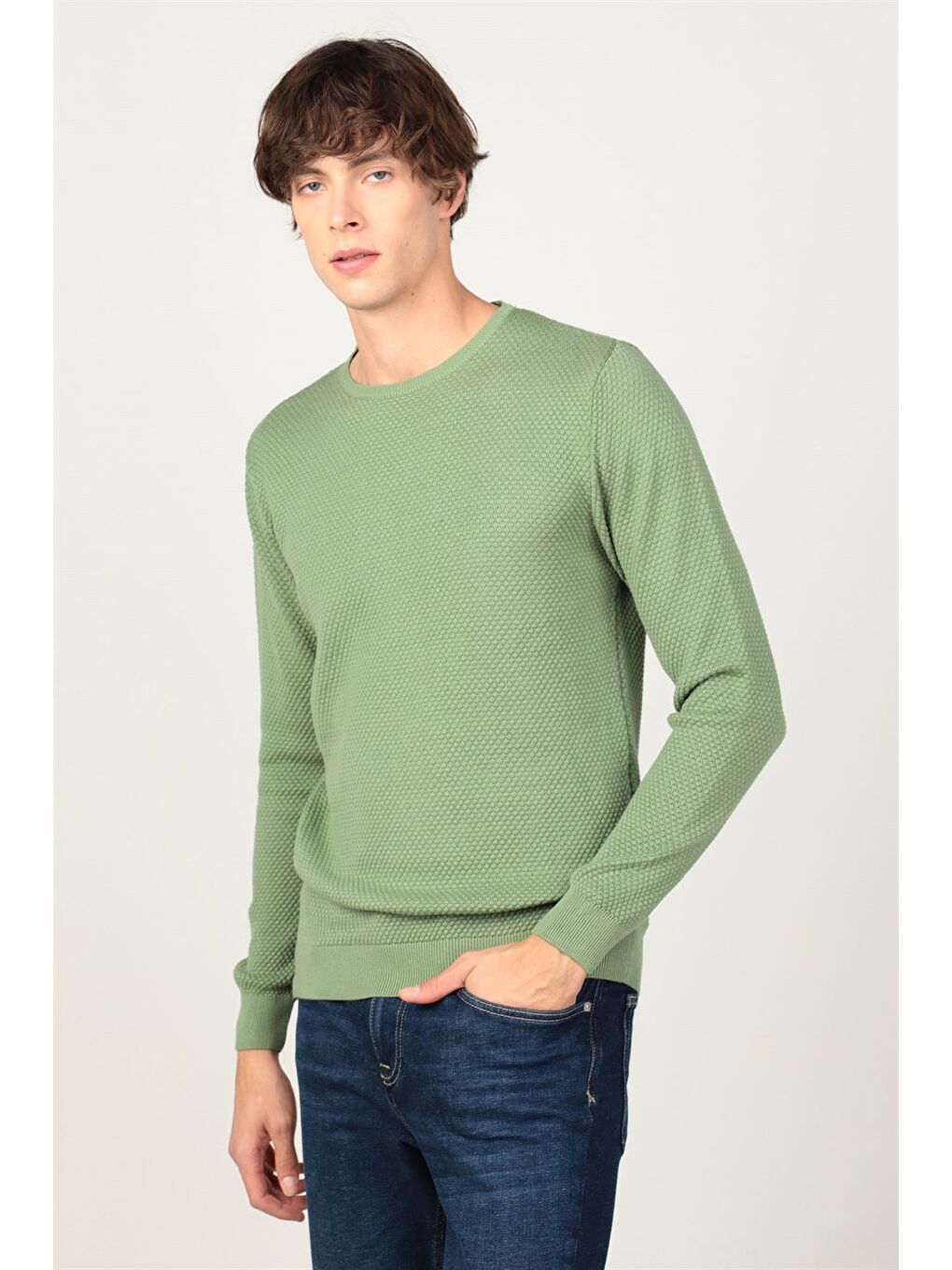 Erkek Standart Fit Normal Kesim Bisiklet Yaka Petek Desenli Yeşil Triko Kazak-1