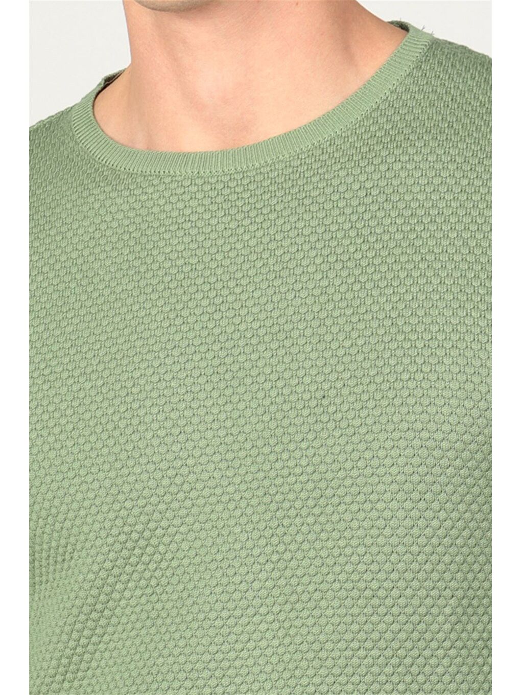 Erkek Standart Fit Normal Kesim Bisiklet Yaka Petek Desenli Yeşil Triko Kazak-2