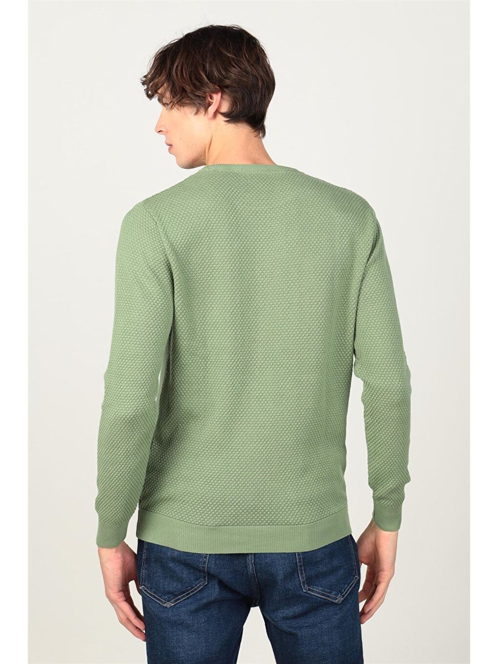 Erkek Standart Fit Normal Kesim Bisiklet Yaka Petek Desenli Yeşil Triko Kazak-3