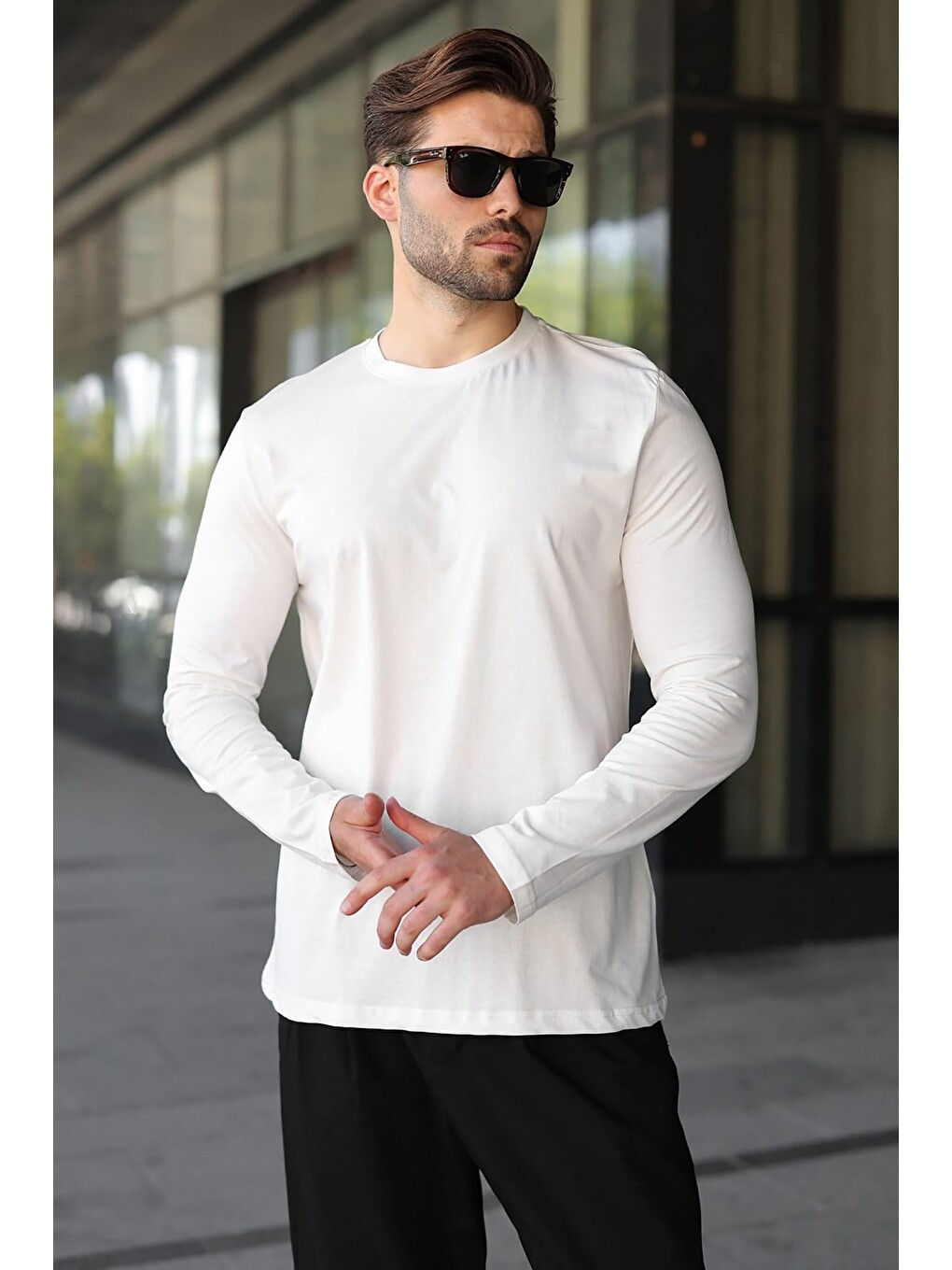Ekru %100 Pamuklu Slim Fit Erkek Tişört E7187-1