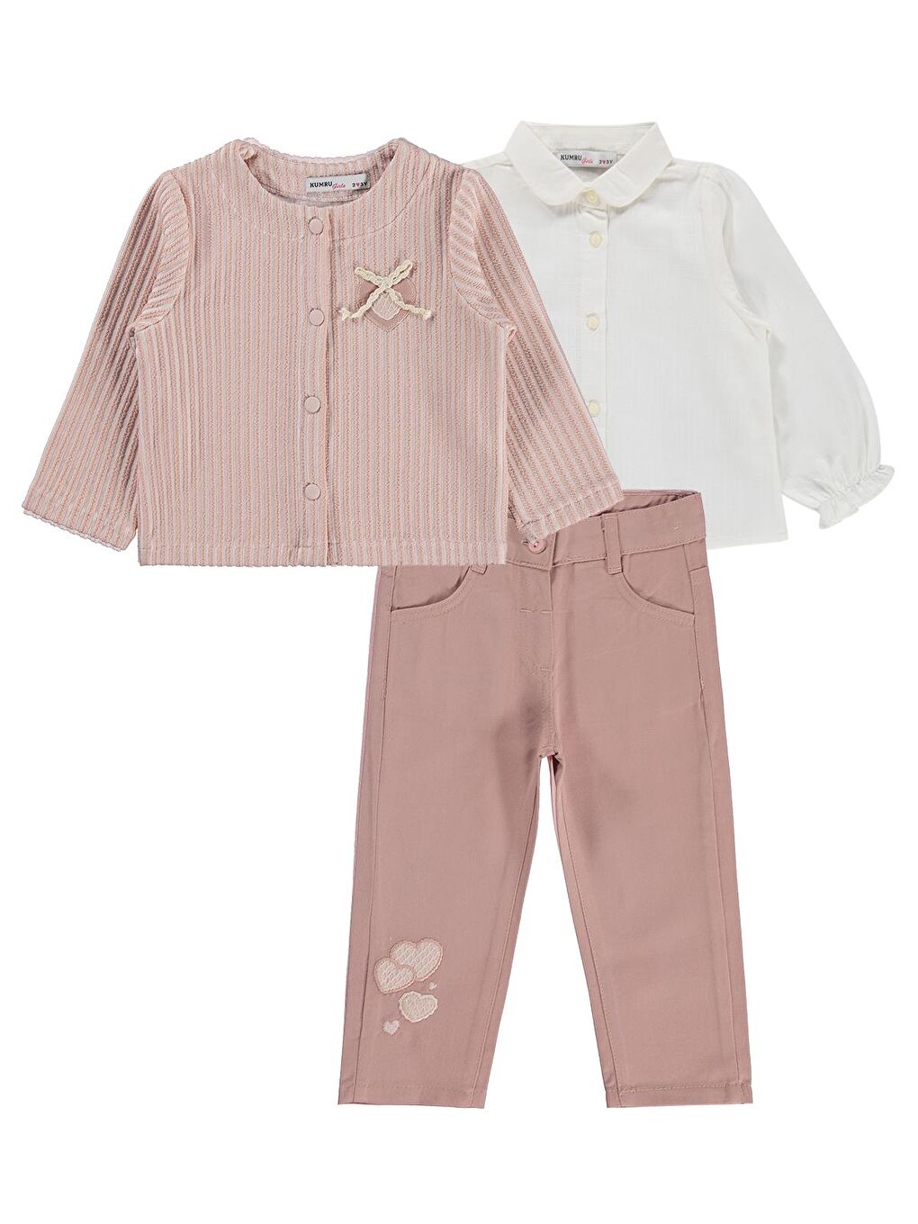 Pembe Civil Girls Pantolon Ceket Nakışlı 3 Lü 2-5 Yaş Takım - Pudra 2-3 Yaş-1