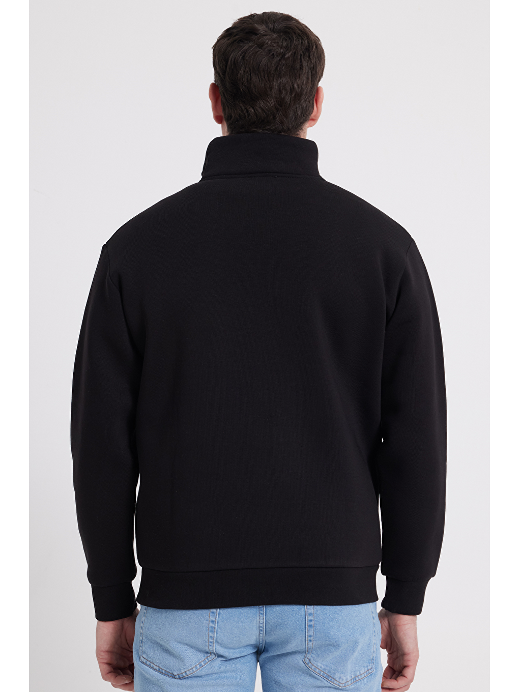 Erkek Relax Fit Rahat Kesim Pamuklu Yarım Fermuarlı Baskılı Siyah Sweatshirt-5