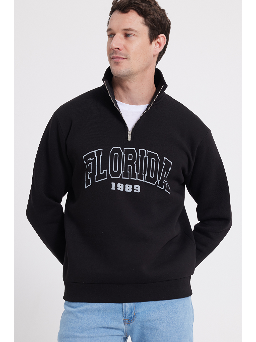 Erkek Relax Fit Rahat Kesim Pamuklu Yarım Fermuarlı Baskılı Siyah Sweatshirt-6