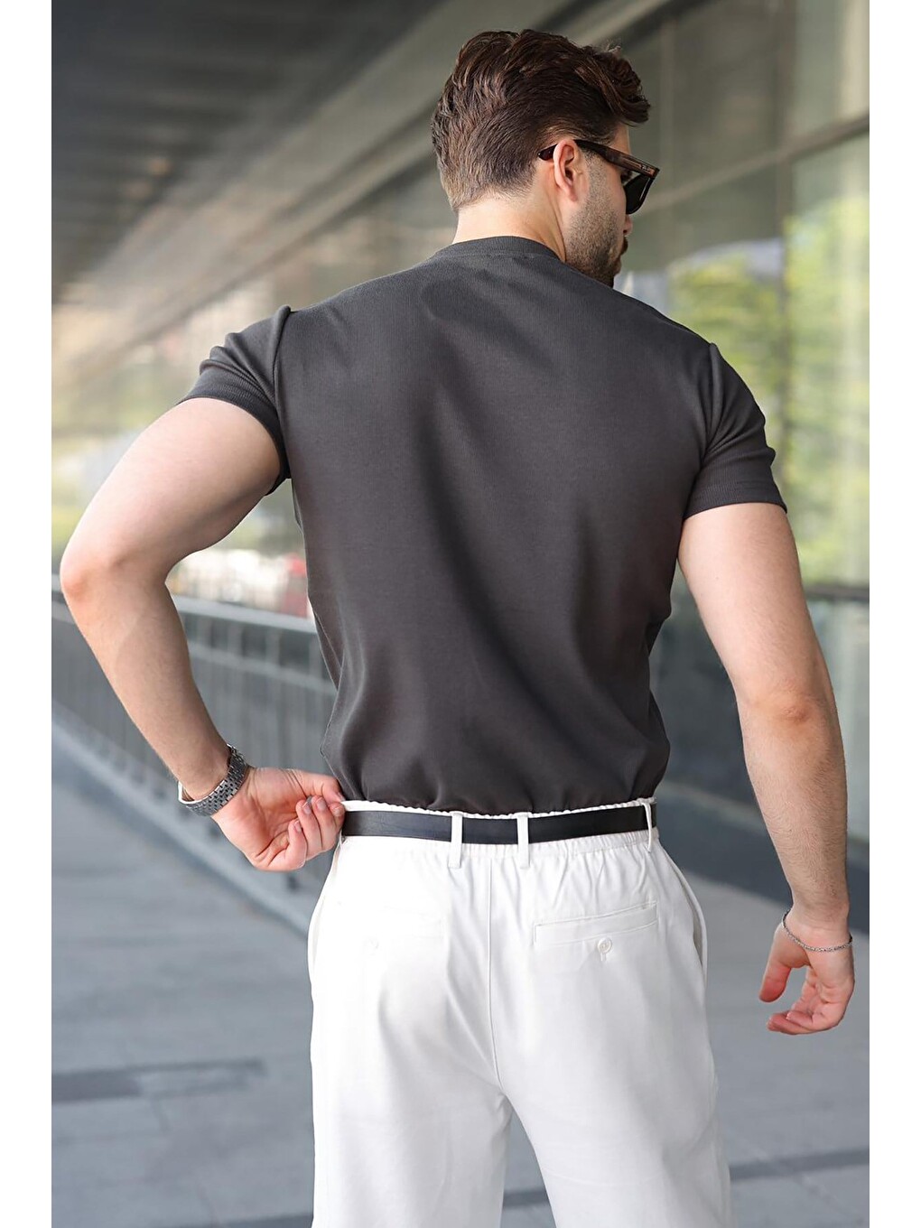 Gri Füme Bisiklet Yaka Regular Fit Erkek Tişört E7188-1