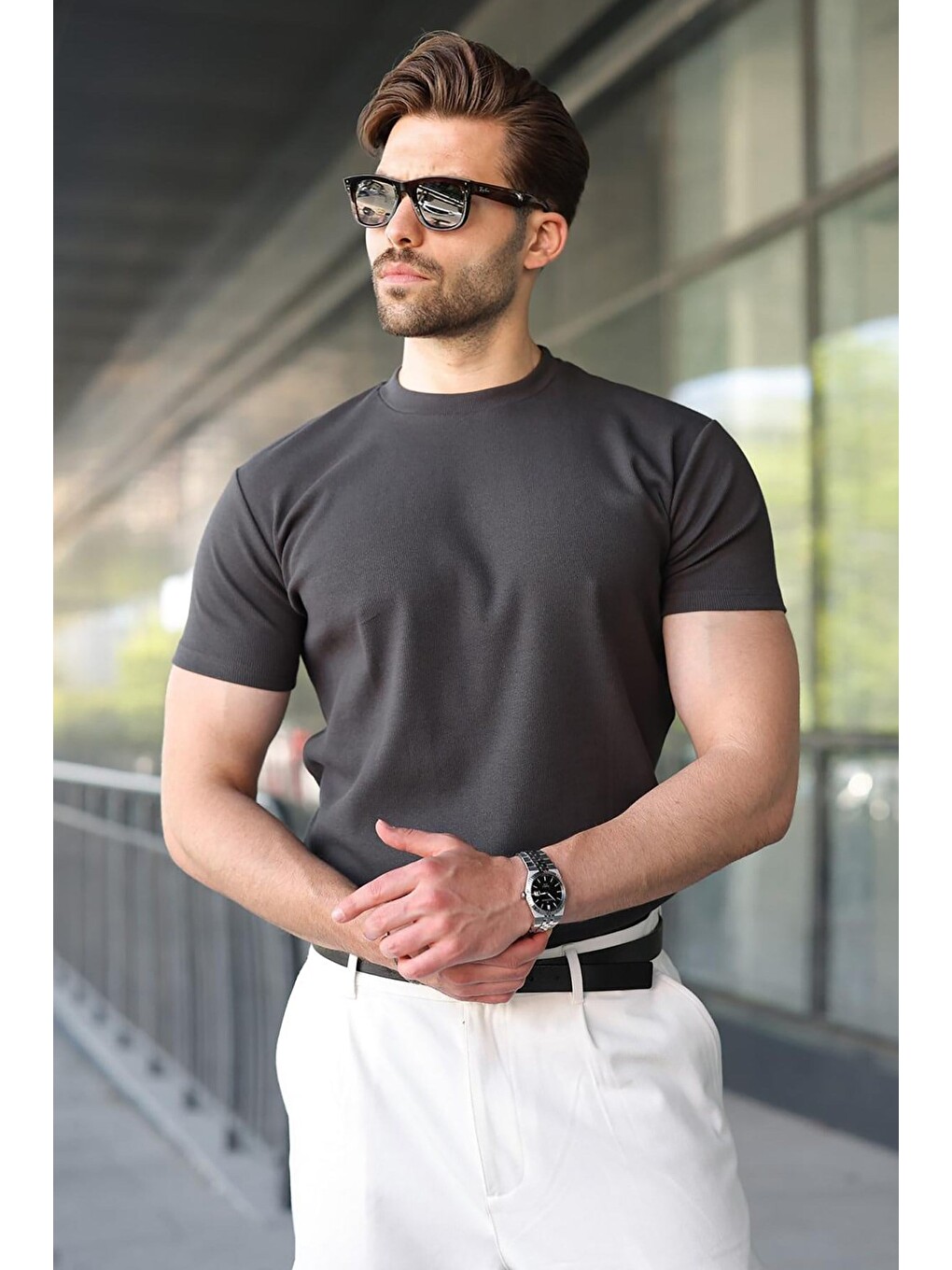 Gri Füme Bisiklet Yaka Regular Fit Erkek Tişört E7188-2
