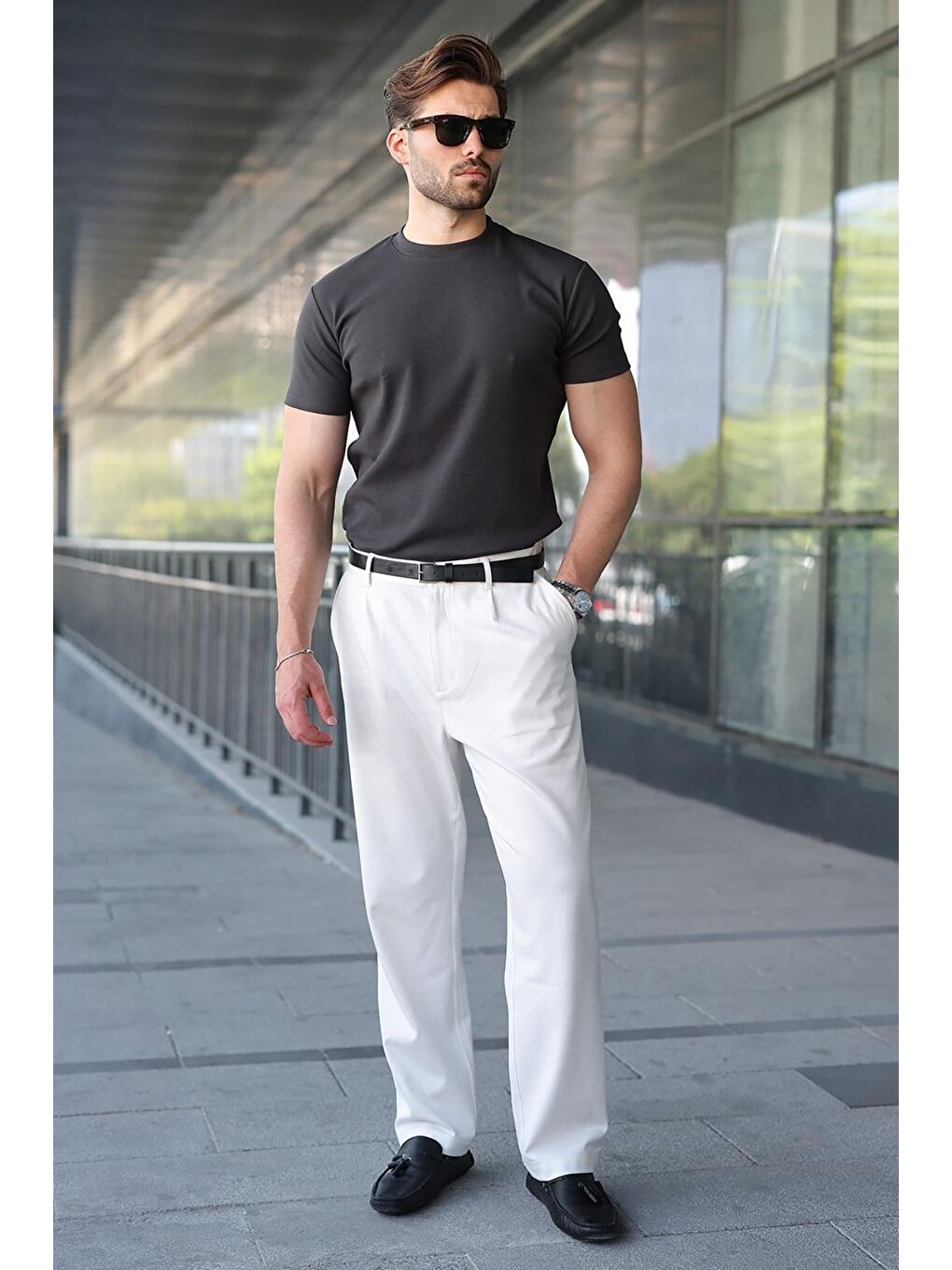 Gri Füme Bisiklet Yaka Regular Fit Erkek Tişört E7188-4