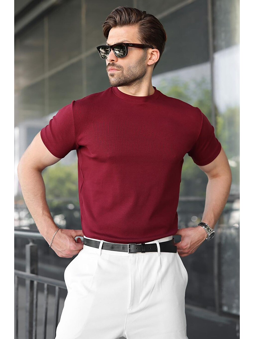 Bordo Bisiklet Yaka Regular Fit Erkek Tişört E7188-2