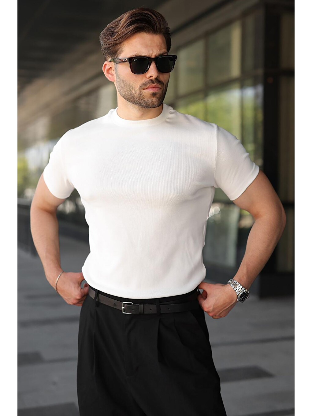 Ekru Bisiklet Yaka Regular Fit Erkek Tişört E7188-2