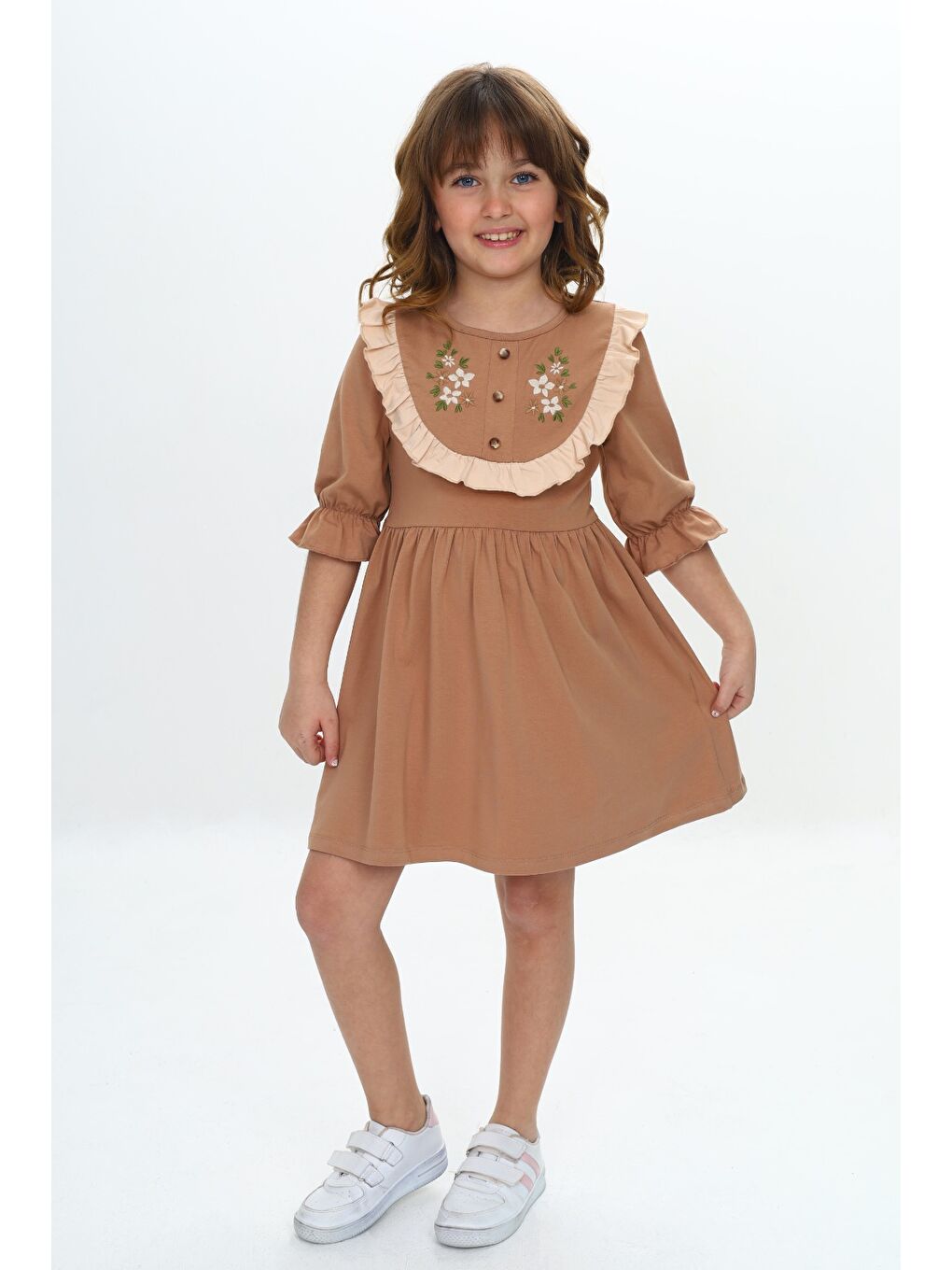 Kahverengi Kız Çocuk Nakış Desenli Elbise
