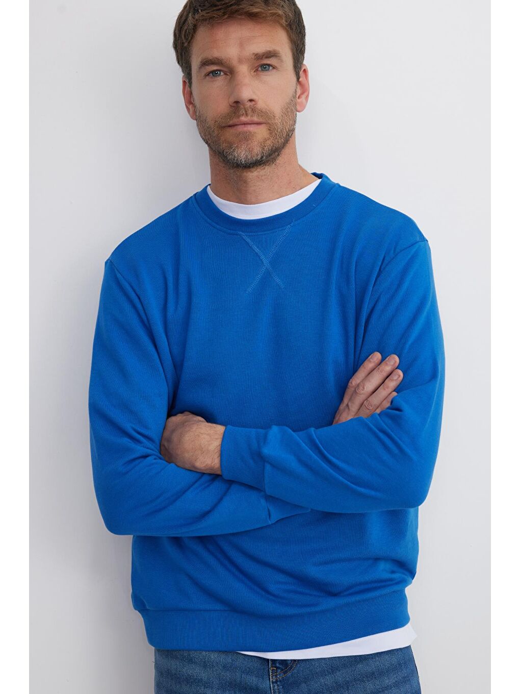 Karışık Unisex 3'Lü Paket Beyaz-Bej-Saks Mavi Relax Fit %100 Pamuk 3 İplik Bisiklet Yaka Sweatshirt-3