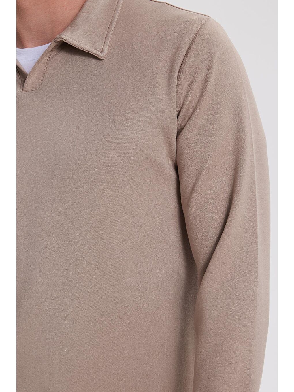 Bej Erkek Relax Fit Rahat Kesim Polo V Yaka Vizon Sweatshirt-2