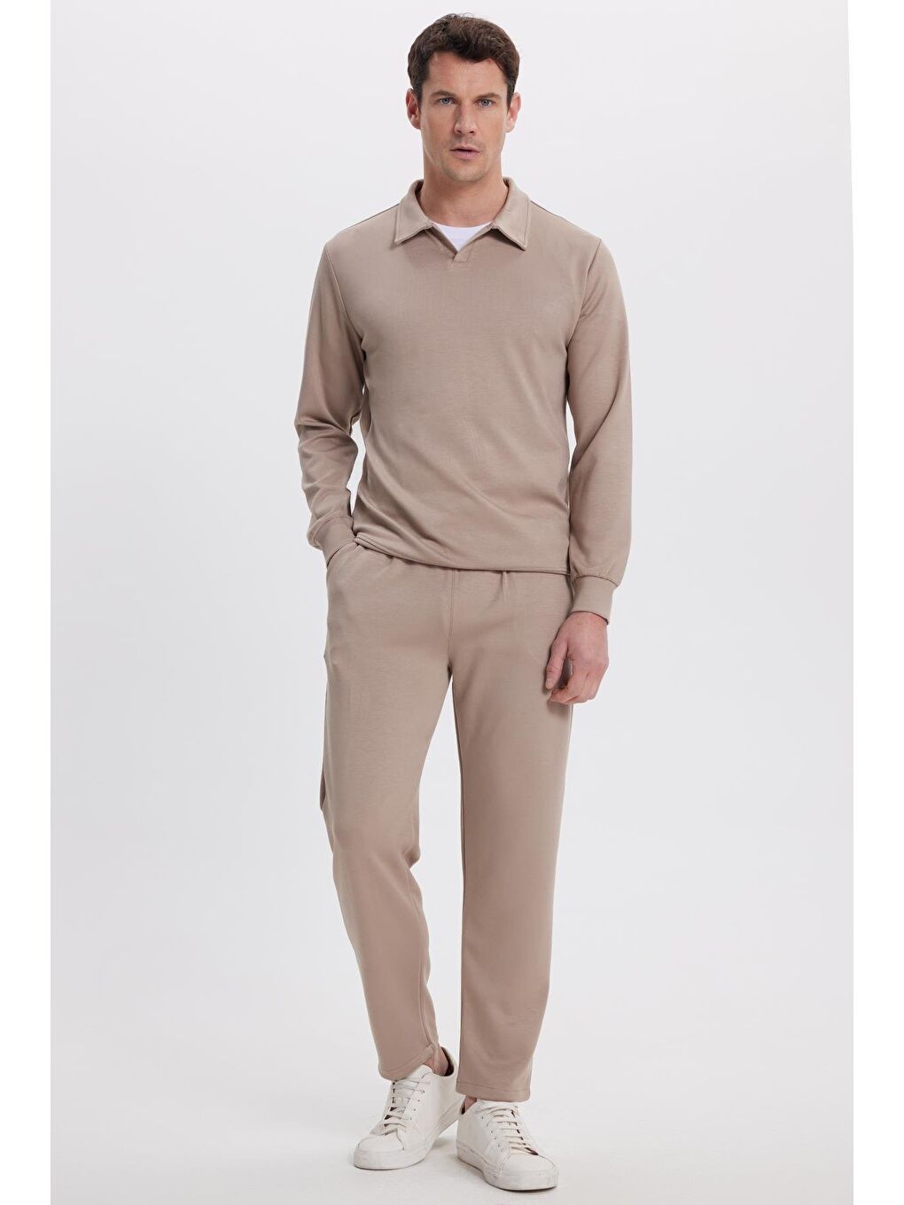 Bej Erkek Relax Fit Rahat Kesim Polo V Yaka Vizon Sweatshirt-3