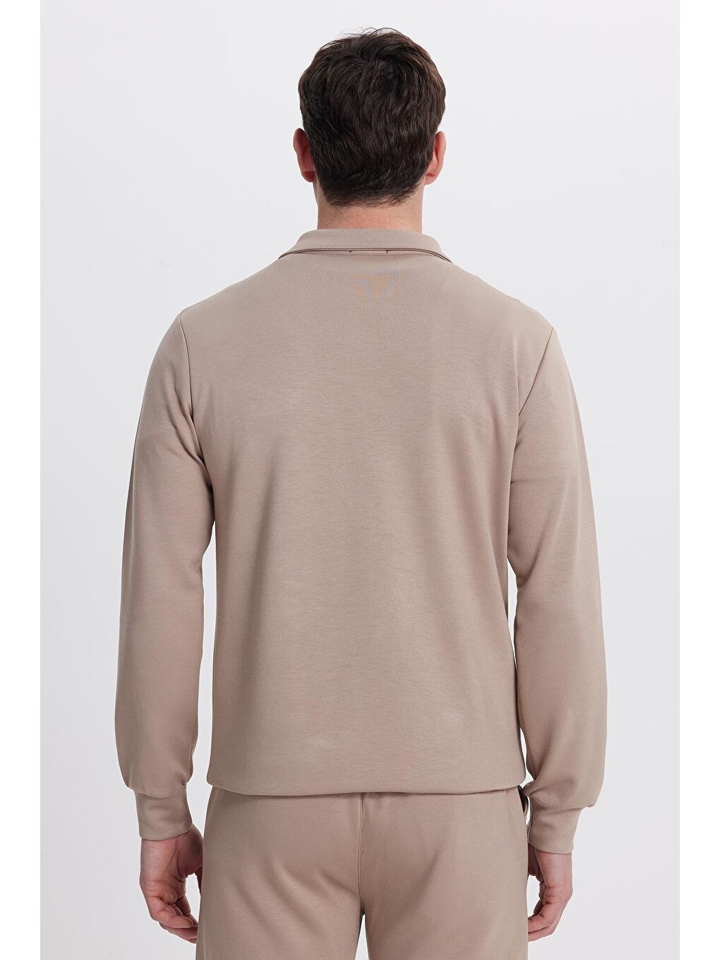 Bej Erkek Relax Fit Rahat Kesim Polo V Yaka Vizon Sweatshirt-6
