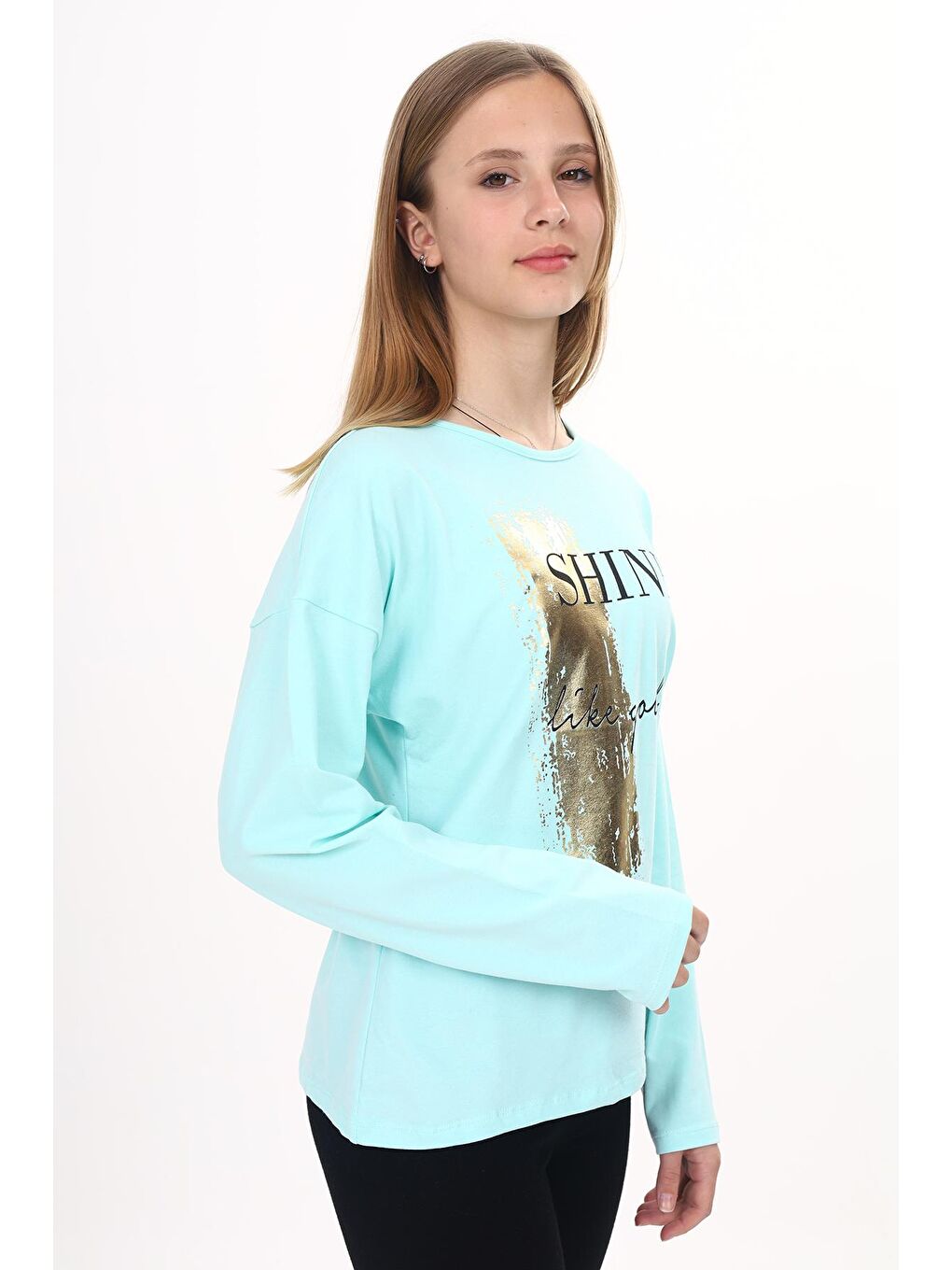 Toontoykids Mint Yeşil Kız Çocuk Sweatshirt Shine Varak Baskılı - 2