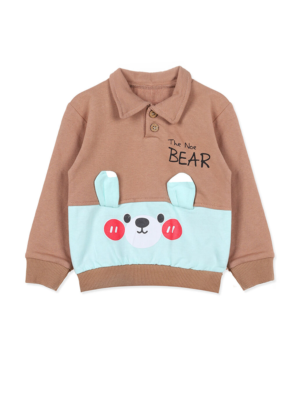 KİKO Kahverengi Bear Baskı Düğme Detaylı Erkek Bebek Sweatshirt Eşofman 2'Li Takım - 1