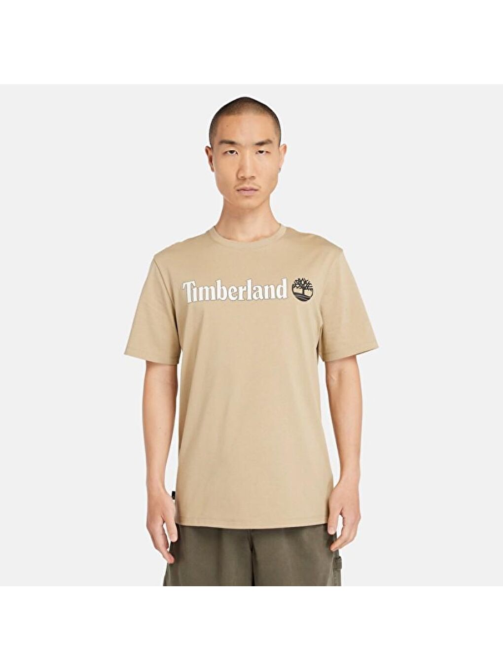 Timberland Bej Linear Logo Erkek Bej Yuvarlak Yaka Tişört