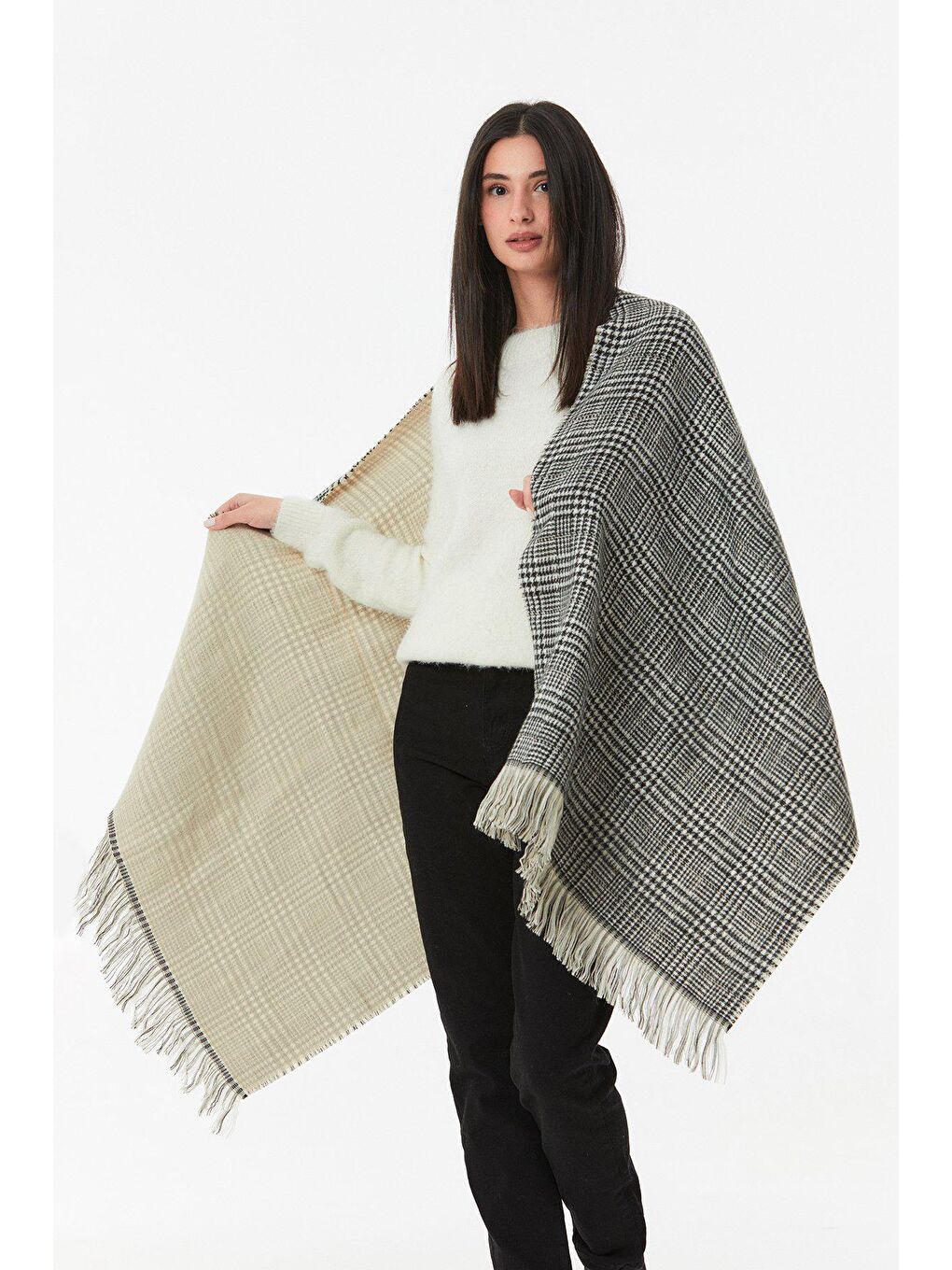 Bej Kazayağı Desenli Yumuşak Dokulu Şal-1