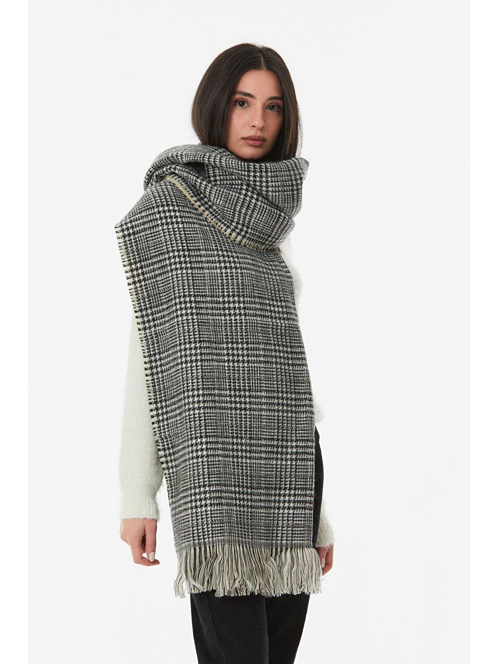 Bej Kazayağı Desenli Yumuşak Dokulu Şal-2