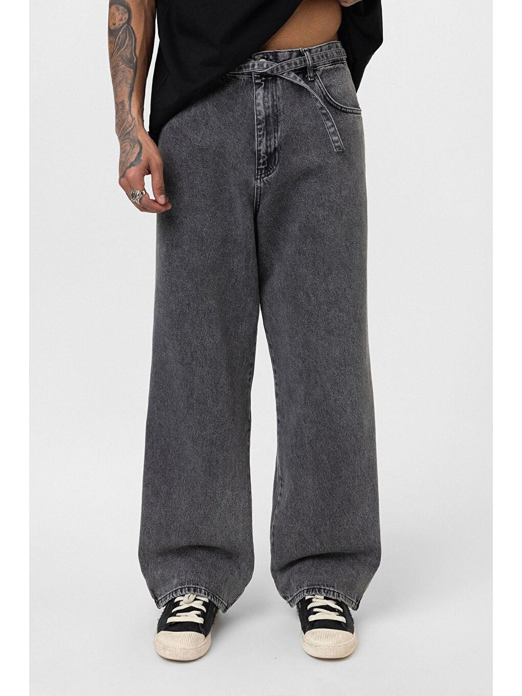 Kemer Detaylı Şeritli Baggy Jean Gri-2