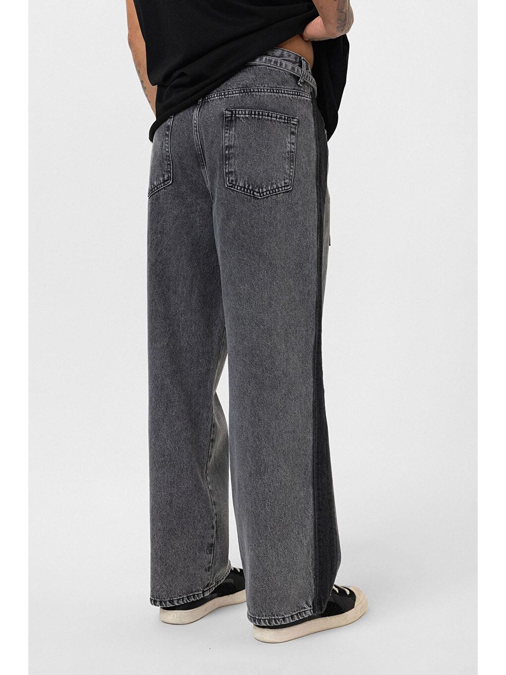 Kemer Detaylı Şeritli Baggy Jean Gri-4