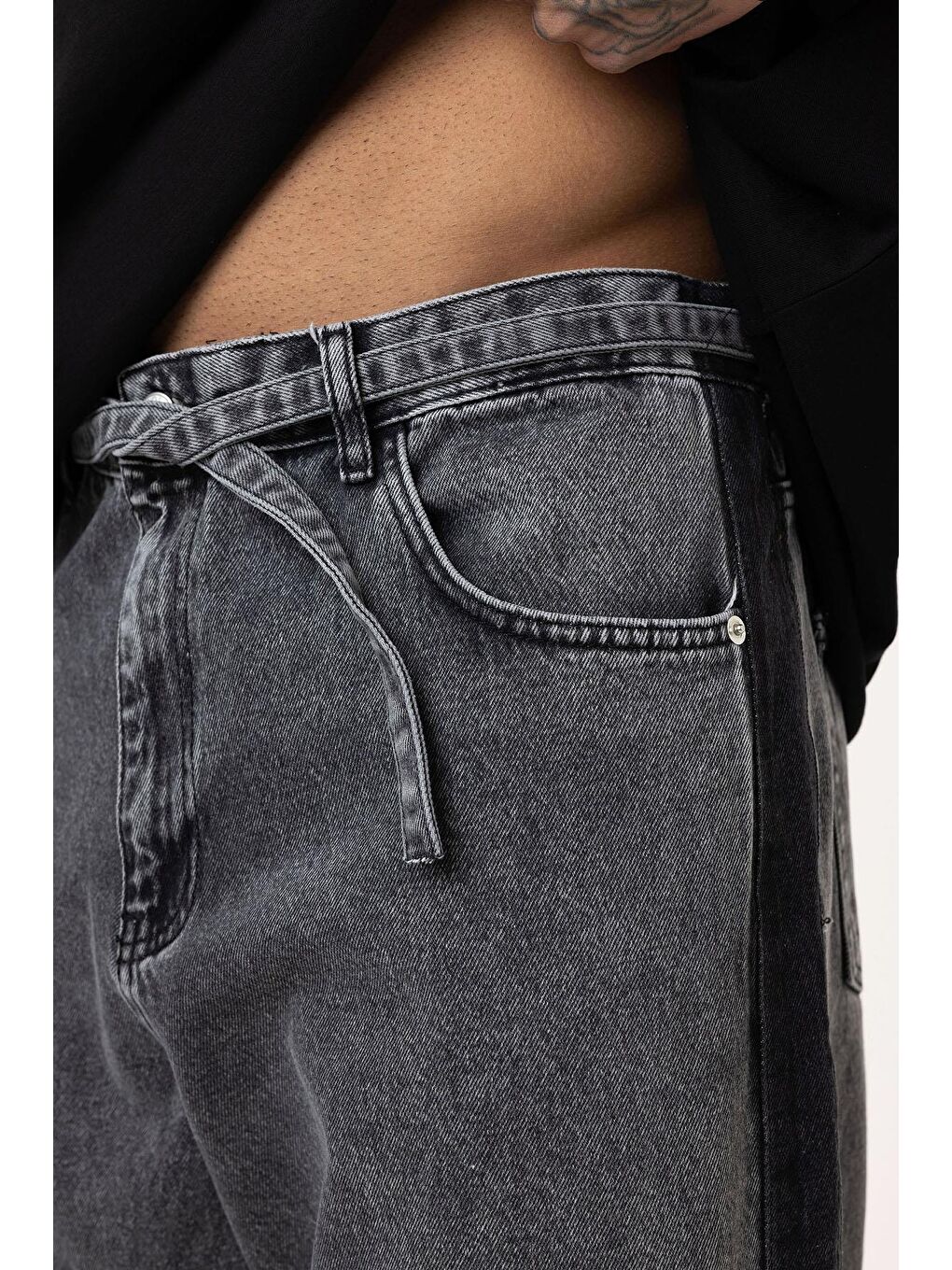 Kemer Detaylı Şeritli Baggy Jean Gri-5