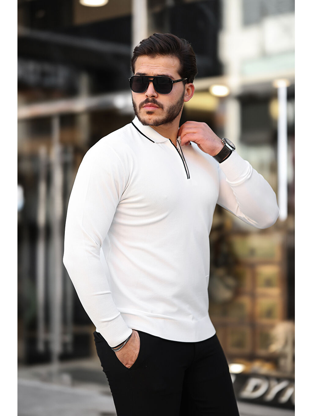 Beyaz Fermuar Yaka Çizgi Detaylı Erkek Kazak-2